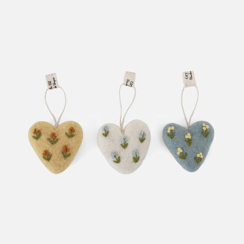 Handmade Felted Wool Small Heart Decorations - Set of 3 - Flowers