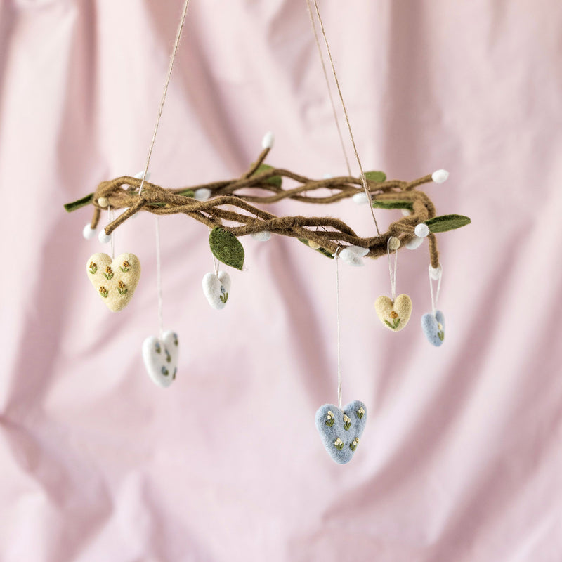 Handmade Felted Wool Small Heart Decorations - Set of 3 - Flowers