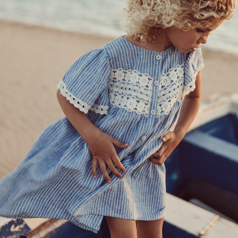 Linen/Cotton Morlina Dress - Blue Onda Stripes