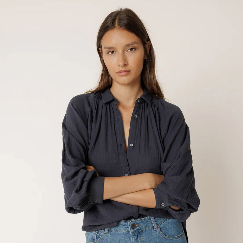 Women's Cotton Gathered Blouse - Marino