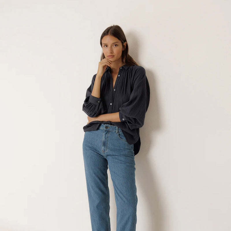 Women's Cotton Gathered Blouse - Marino