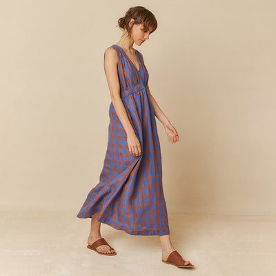 Women's Linen/Cotton Dress - Azul Klein Check