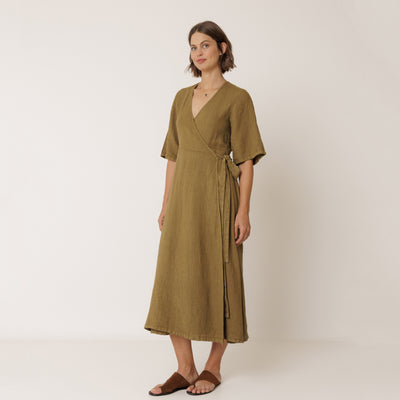 Women's Linen Wrap Dress - Khaki