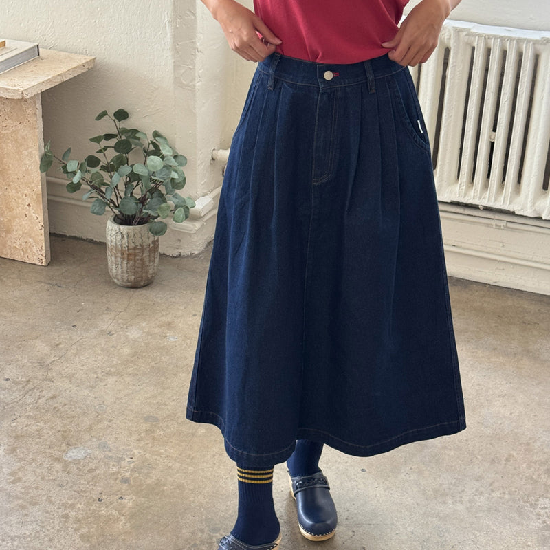 Womens Cotton Long Farm Girl Skirt - Raw Denim