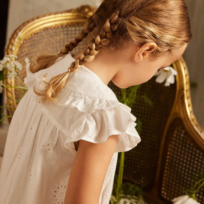 Kids Cotton Mia Dress - Off White Schiffli