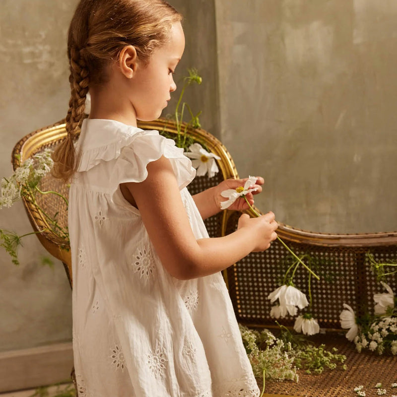 Kids Cotton Mia Dress - Off White Schiffli