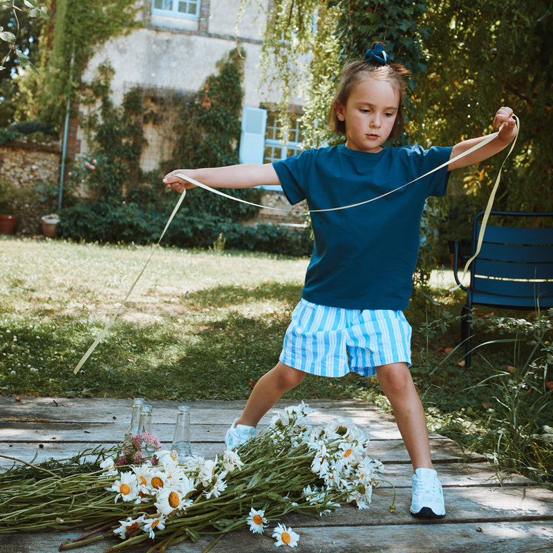 Kids Cotton Poplin Gui Shorts - Wide Blue/White Stripe