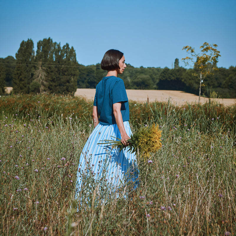 Women's Cotton Poplin Chia Skirt - Wide Blue/White Stripe
