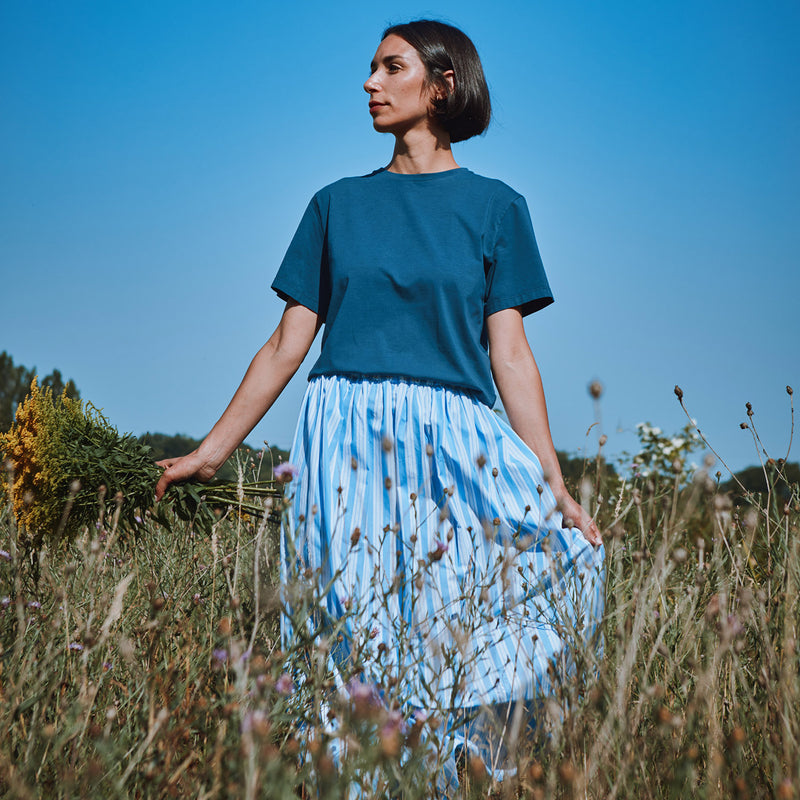 Women's Cotton Poplin Chia Skirt - Wide Blue/White Stripe