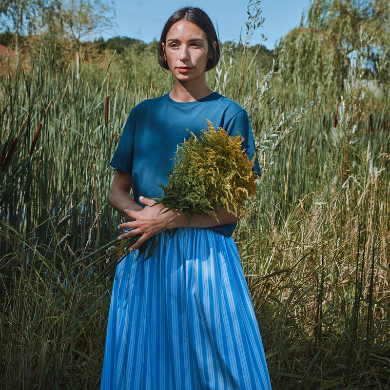 Women's Cotton Poplin Chia Skirt - Wide Blue/White Stripe
