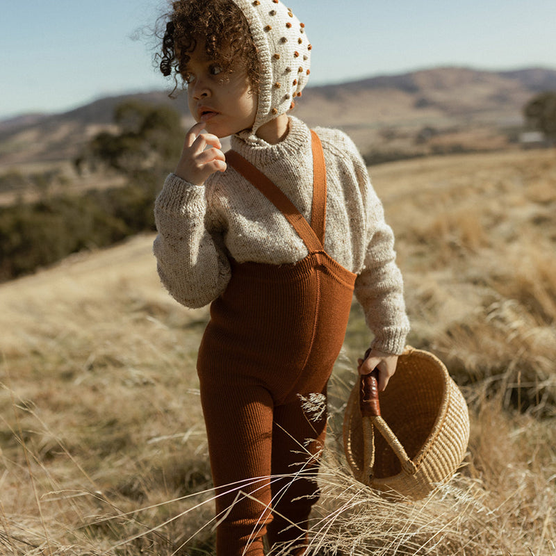 Merino Wool/Cotton Footless Wooly Tights With Braces - Ginger