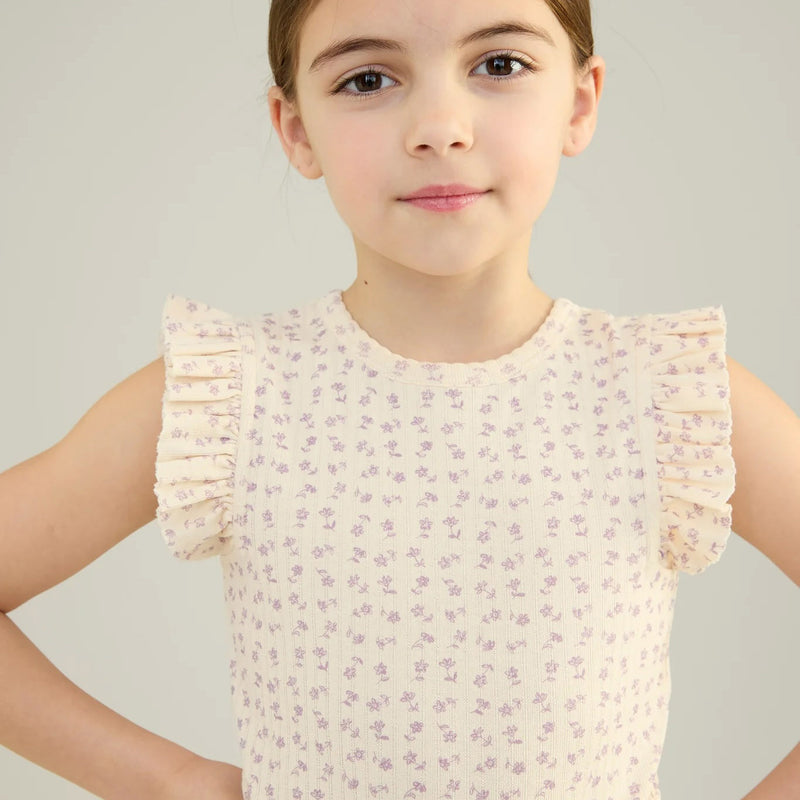 Kids Pima Cotton Frill Tee - Pansy Chicweed Print Pointelle