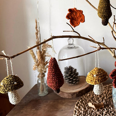 Hand Crocheted Wool Flat Leaves & Mushroom Set
