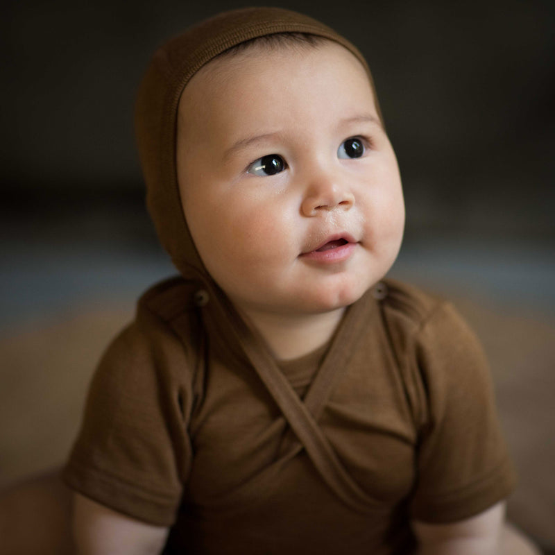 Merino Wool Silk Baby Bonnet in brown sizes 1-12 months – MamaOwl