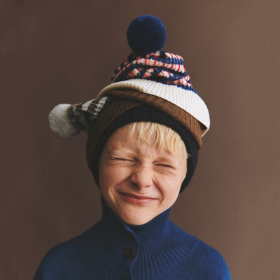 Kids Merino Wool Pom Hat - Ecru/Deep Indigo