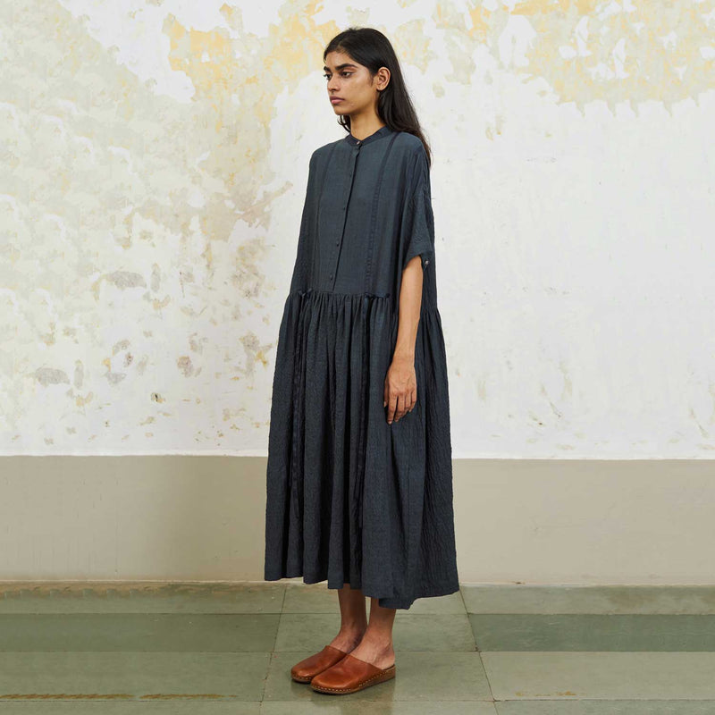 Women's Handloomed Cotton Oversized Mira Dress - Charcoal