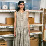 Women's Handloomed Silk/Cotton Poppy Stringed Dress - Beige/Charcoal Check