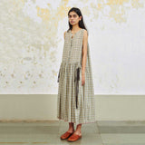 Women's Handloomed Silk/Cotton Poppy Stringed Dress - Beige/Charcoal Check