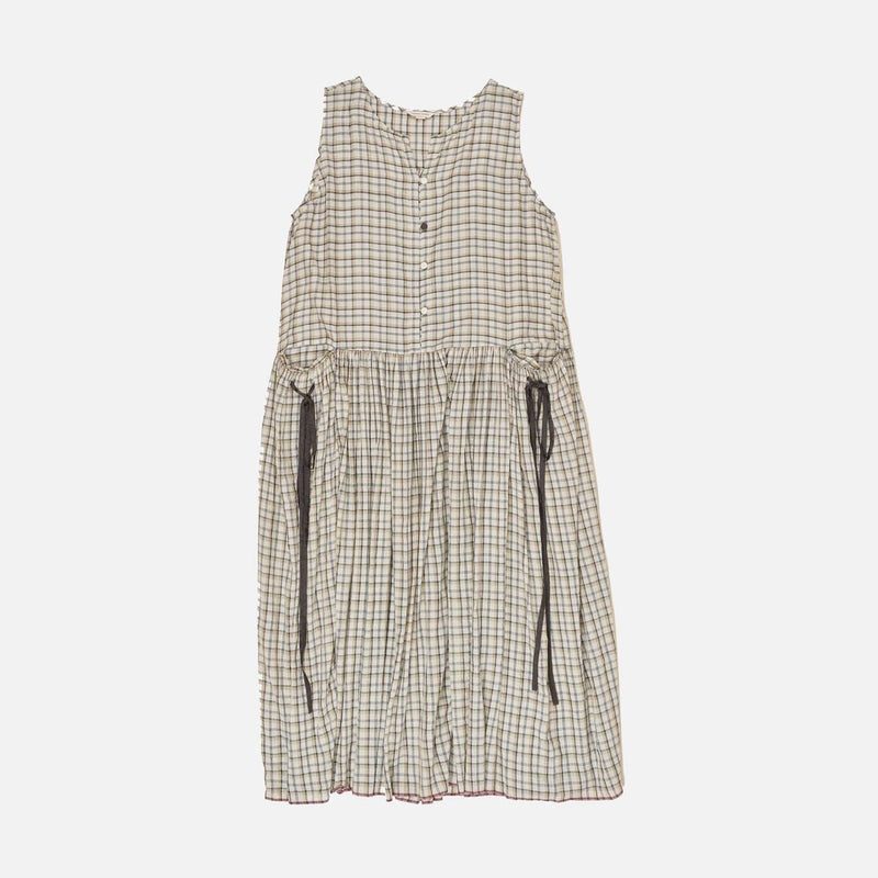 Women's Handloomed Silk/Cotton Poppy Stringed Dress - Beige/Charcoal Check