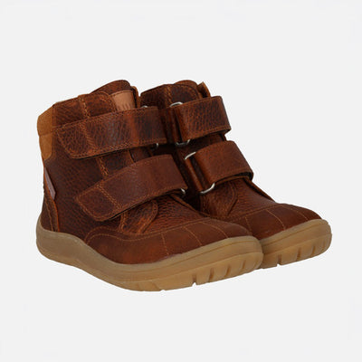 Kids Leather Wool Lined Waterproof Velcro Boots - Cognac