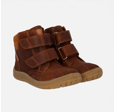 Kids Leather Wool Lined Waterproof Velcro Boots - Cognac