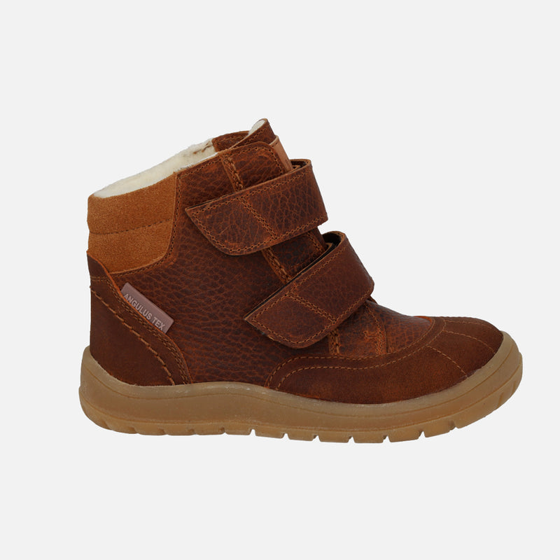 Kids Leather Wool Lined Waterproof Velcro Boots - Cognac