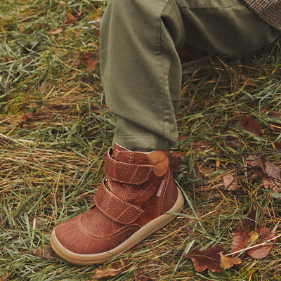Kids Leather Wool Lined Waterproof Velcro Boots - Cognac