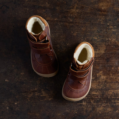 Kids Leather Wool Lined Waterproof Velcro Boots - Cognac