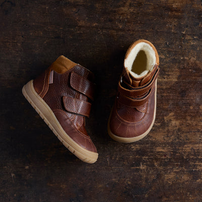Kids Leather Wool Lined Waterproof Velcro Boots - Cognac