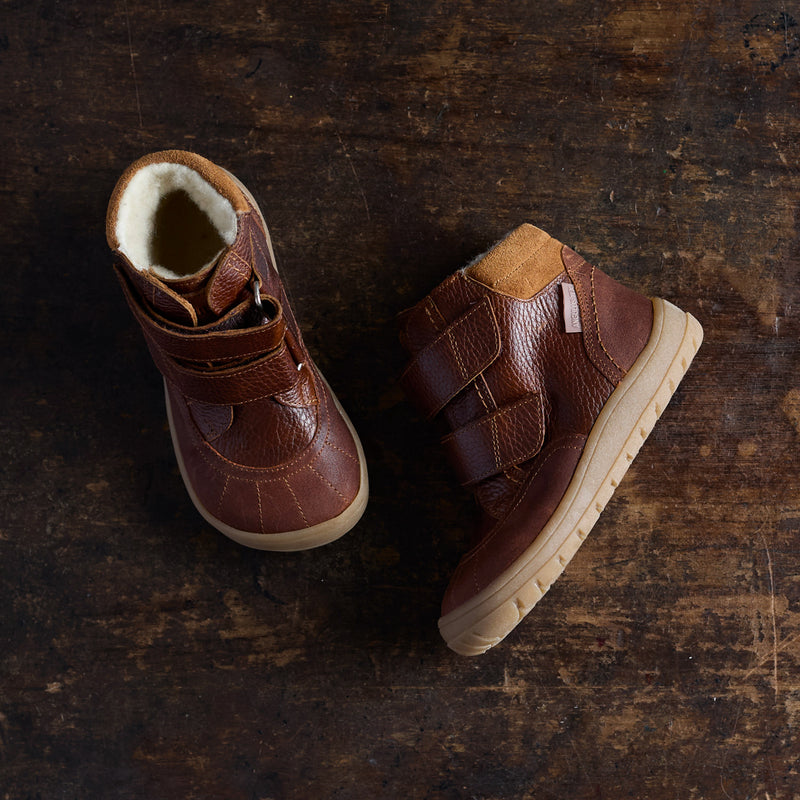 Kids Leather Wool Lined Waterproof Velcro Boots - Cognac