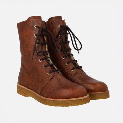 Women's Leather Wool Lined Lace-up Boots w/Zipper - Cognac