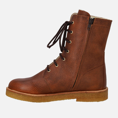 Women's Leather Wool Lined Lace-up Boots w/Zipper - Cognac