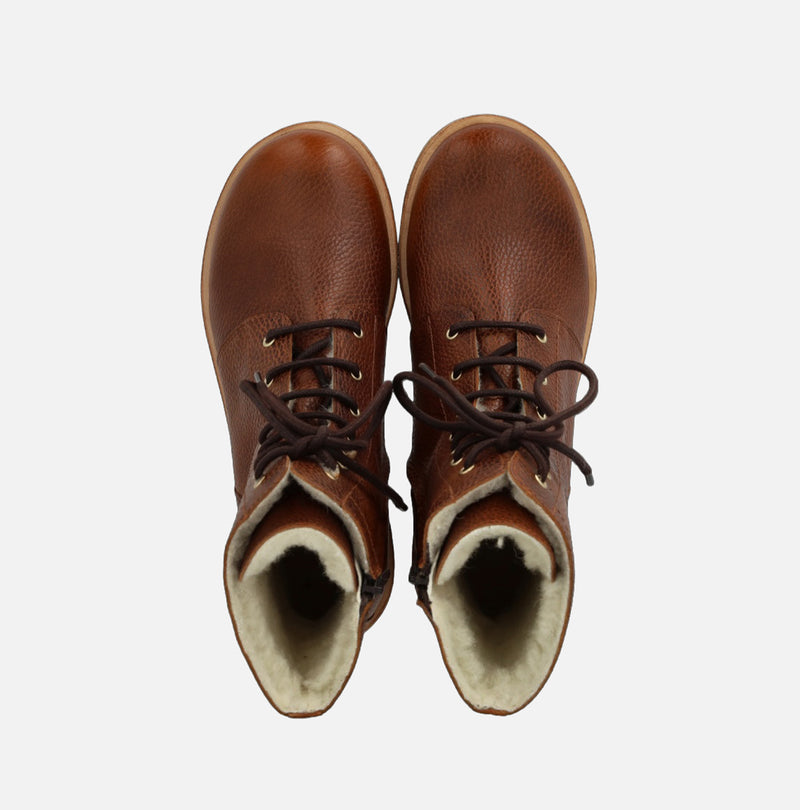 Women's Leather Wool Lined Lace-up Boots w/Zipper - Cognac