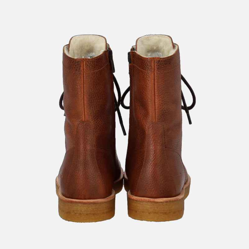 Women's Leather Wool Lined Lace-up Boots w/Zipper - Cognac