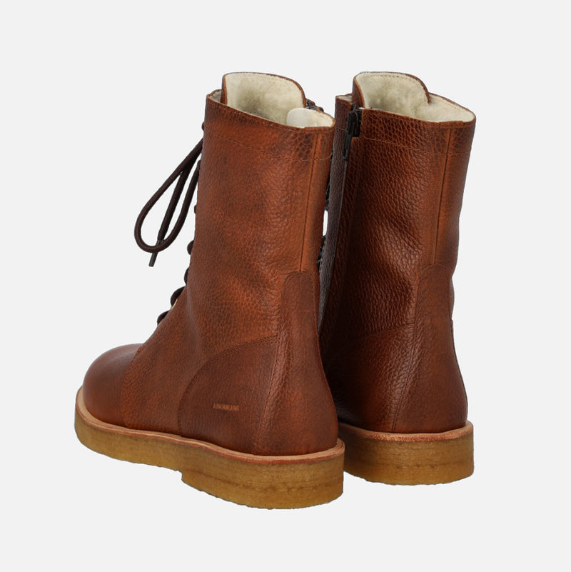 Women's Leather Wool Lined Lace-up Boots w/Zipper - Cognac