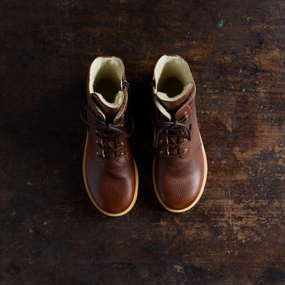 Women's Leather Wool Lined Lace-up Boots w/Zipper - Cognac