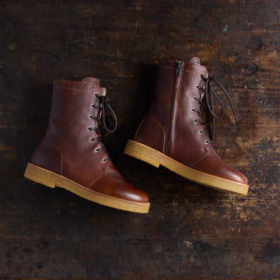 Women's Leather Wool Lined Lace-up Boots w/Zipper - Cognac