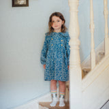 Kids Cotton Corduroy Sketchy Flowers Dress - Blue