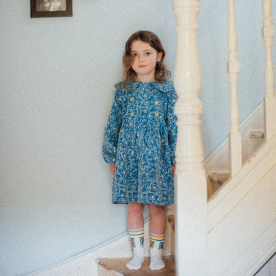 Kids Cotton Corduroy Sketchy Flowers Dress - Blue