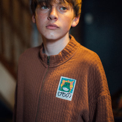 Kids Cotton Beast Tag Zipped Quilted Sweatshirt - Brown