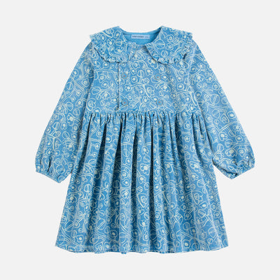 Kids Cotton Corduroy Sketchy Flowers Dress - Blue