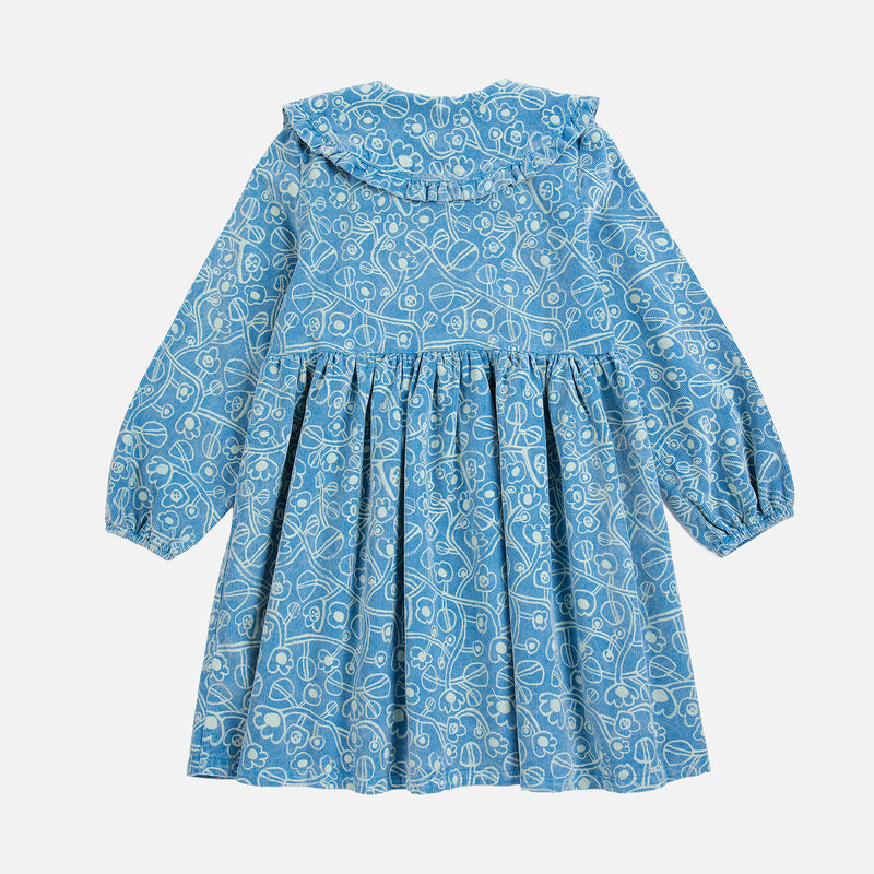 Kids Cotton Corduroy Sketchy Flowers Dress - Blue