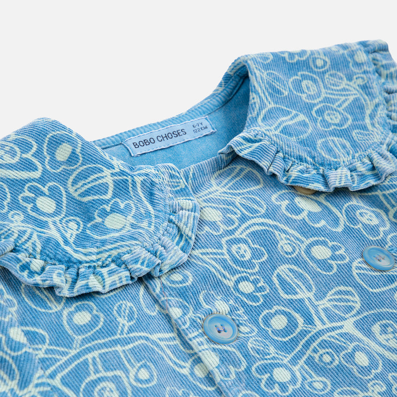 Kids Cotton Corduroy Sketchy Flowers Dress - Blue