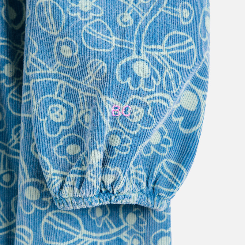 Kids Cotton Corduroy Sketchy Flowers Dress - Blue