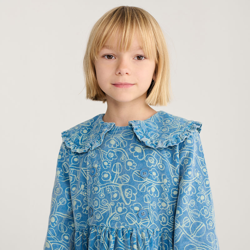 Kids Cotton Corduroy Sketchy Flowers Dress - Blue