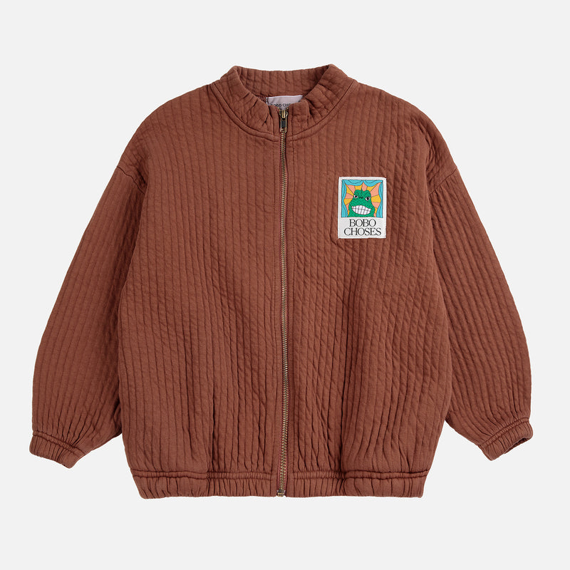 Kids Cotton Beast Tag Zipped Quilted Sweatshirt - Brown