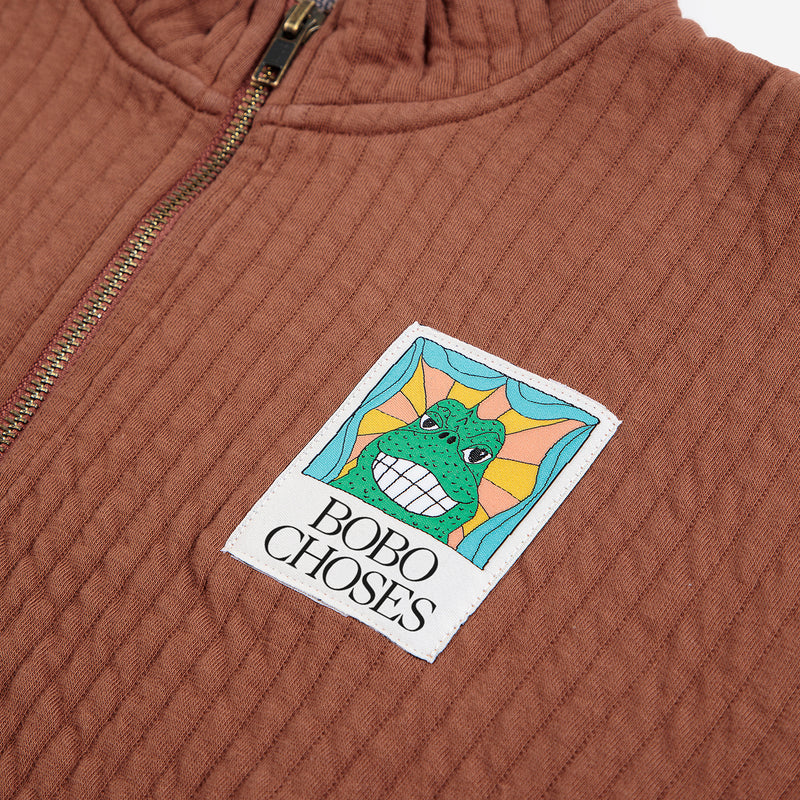 Kids Cotton Beast Tag Zipped Quilted Sweatshirt - Brown
