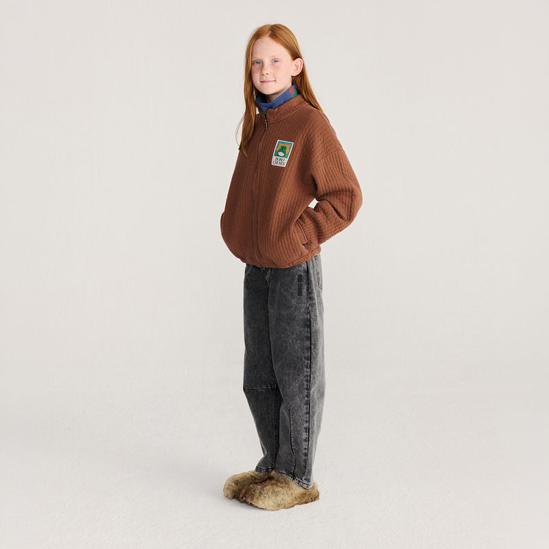 Kids Cotton Beast Tag Zipped Quilted Sweatshirt - Brown