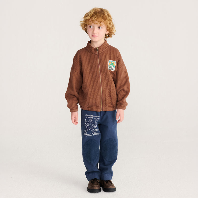 Kids Cotton Beast Tag Zipped Quilted Sweatshirt - Brown