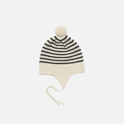 Baby Merino Wool Pom Pom Hat - Ecru/Dark Navy
